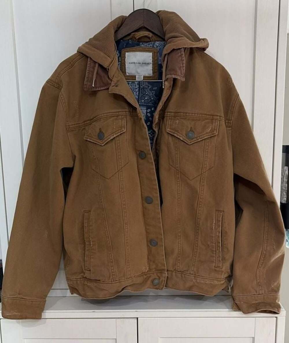 American Eagle Men's Brown Hooded Canvas Trucker Jacket Bandana Lining XL